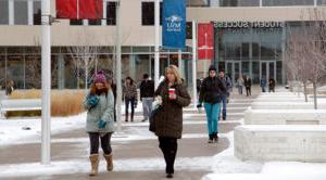 Students walking through Auraria Campus. during the winter.